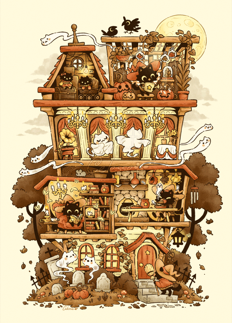 An animated illustration of a Halloween-themed haunted home full of witch cats and ghosts partaking in various spooky activities.
