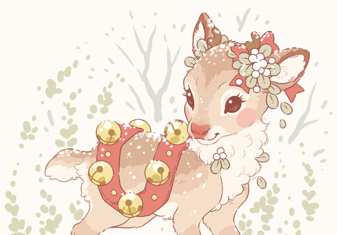 A vintage-style drawing of baby Rudolph with mistletoe behind his ear and an oversized harness of jingle bells draped across his back.
