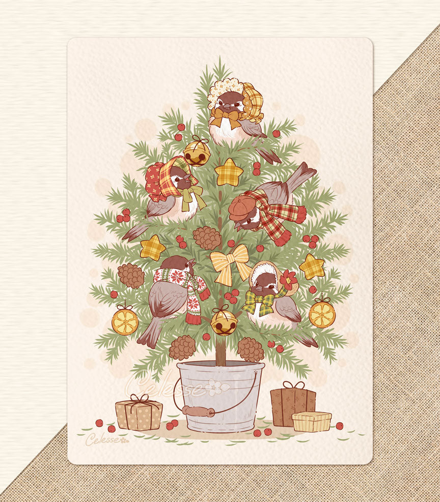 A vintage-style drawing of a small fir tree full of fat singing chickadees wearing holiday-themed bonnets and scarves, decorated with natural ornaments. The text reads "Good tidings of comfort & joy"