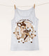 A silver colored tank top hanging from a string with clothespins, the print featuring a baby deer in a wreath of flowers with the words "darling deer."