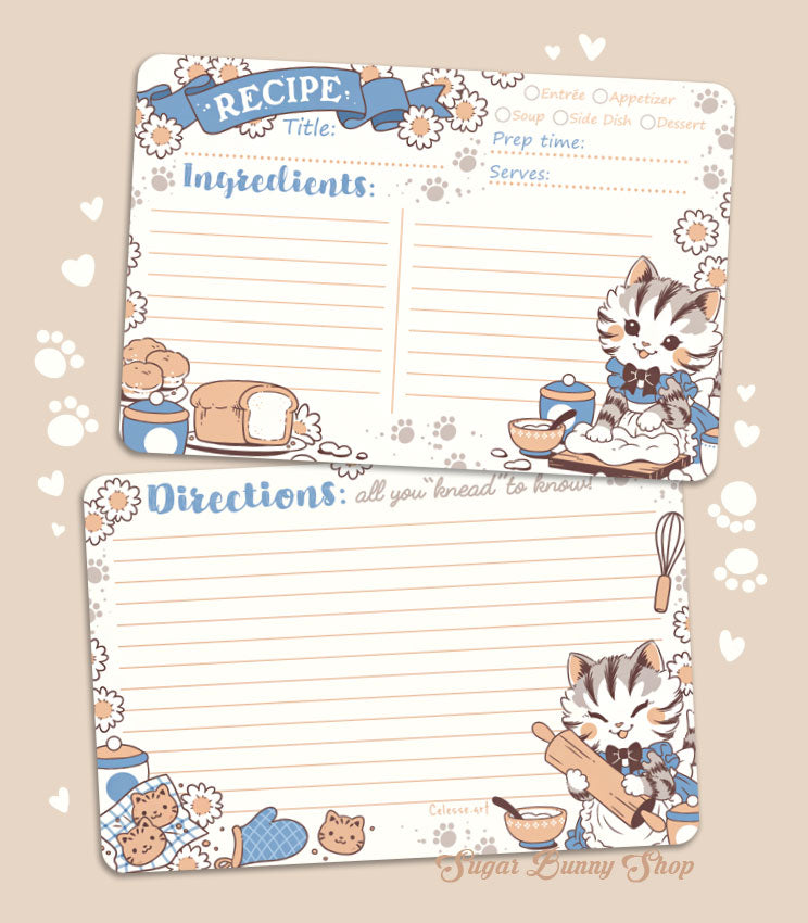 Two recipe cards with cute cat illustrations on a beige background.