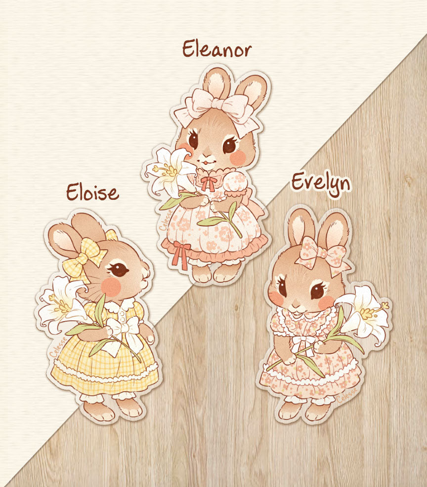 Lily Bunny Triplets Vintage Clear Vinyl Stickers - Eleanor, Eloise and Evelyn.
