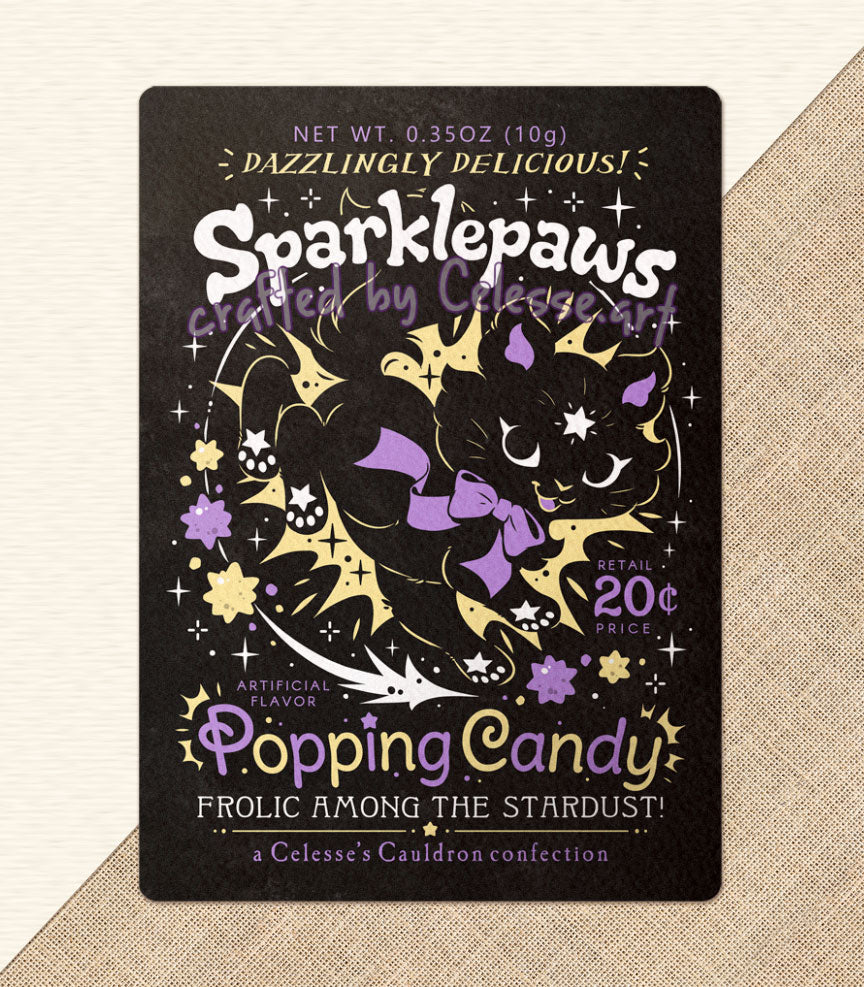 An art print of a retro faux candy logo for Sparklepaws Popping Candy, the art featuring a black cat with star paw pads leaping among bursting sparkles. The flavor text reads, "Dazzlingly delicious!" and "Frolic among the stardust!"