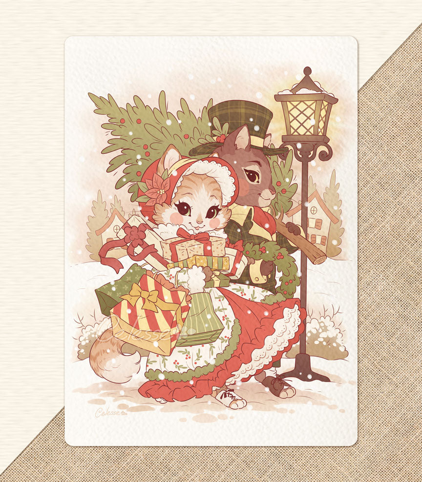 A warm, vintage-style drawing of a cat couple dressed in old-fashioned winter clothing, strolling merrily through a quaint snowy village with an armload of gift boxes and bags as well as a wreath and small fir tree. A decorative lamppost lights the way.