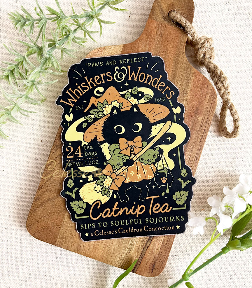 Whiskers & Wonders Catnip Tea Witch Cat Halloween Vinyl Sticker