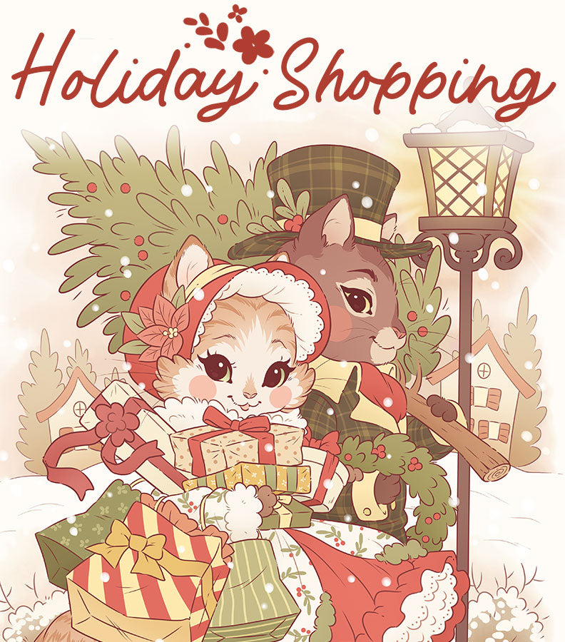 A vintage-style illustration of two cats doing their holiday shopping in a snowy village while wearing old-fashioned winter clothing. The text on top reads, "Holiday Shopping."