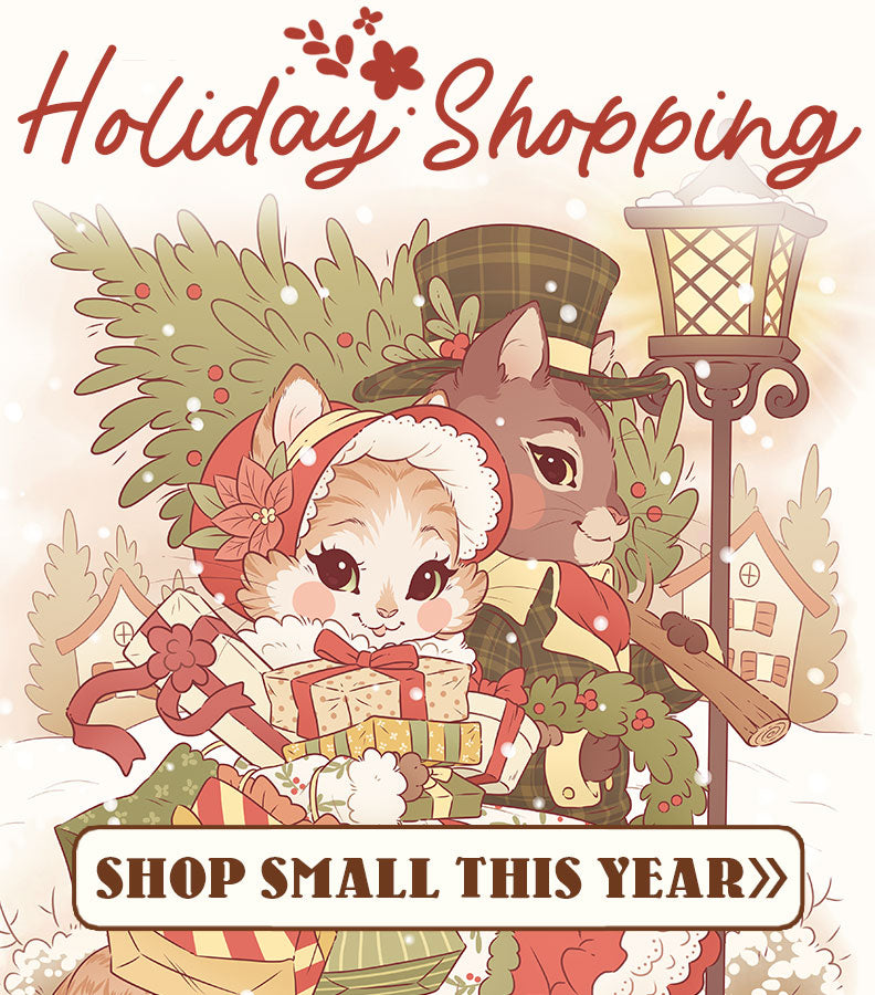 Promotional banner for holiday shopping with a cute illustration of two cats shopping in old-fashioned winter clothing and text about shopping small for artist-made gifts.
