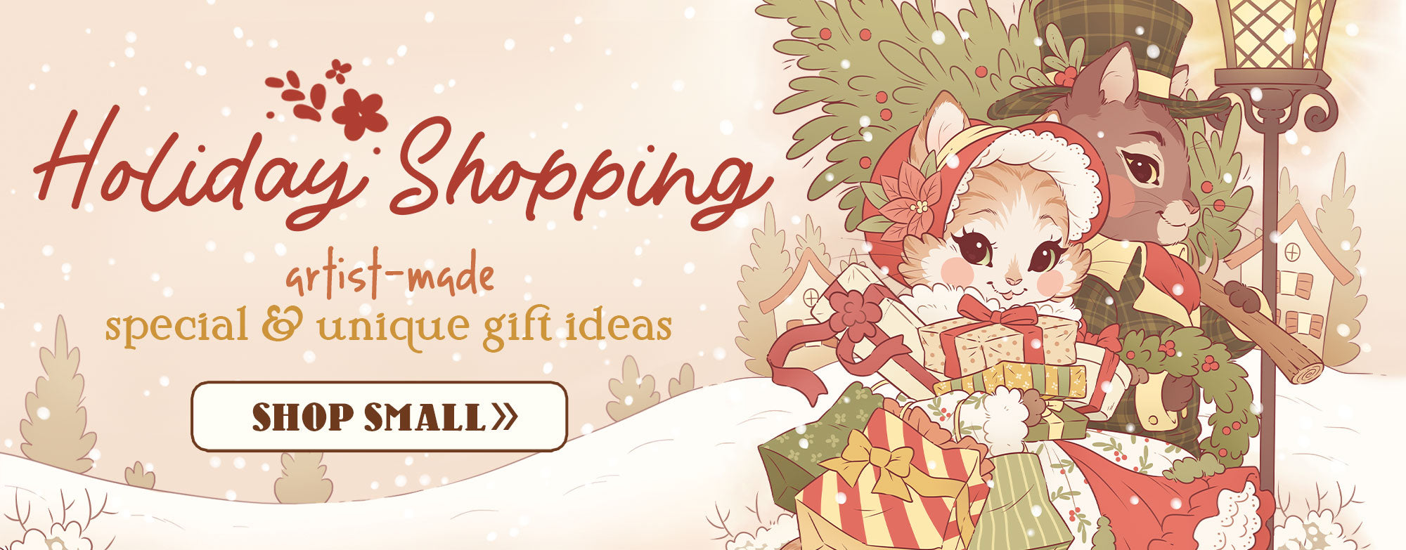 Promotional banner for holiday shopping with a cute illustration of two cats shopping in old-fashioned winter clothing and text about shopping small for artist-made gifts.