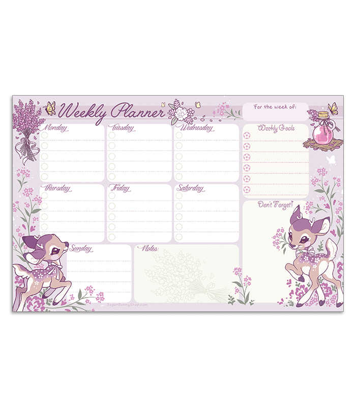 A photo of a weekly planner notepad, the design featuring a lavender theme with cute baby deer frolicking around task sections for each day of the week, as well as extra sections for notes and goals.