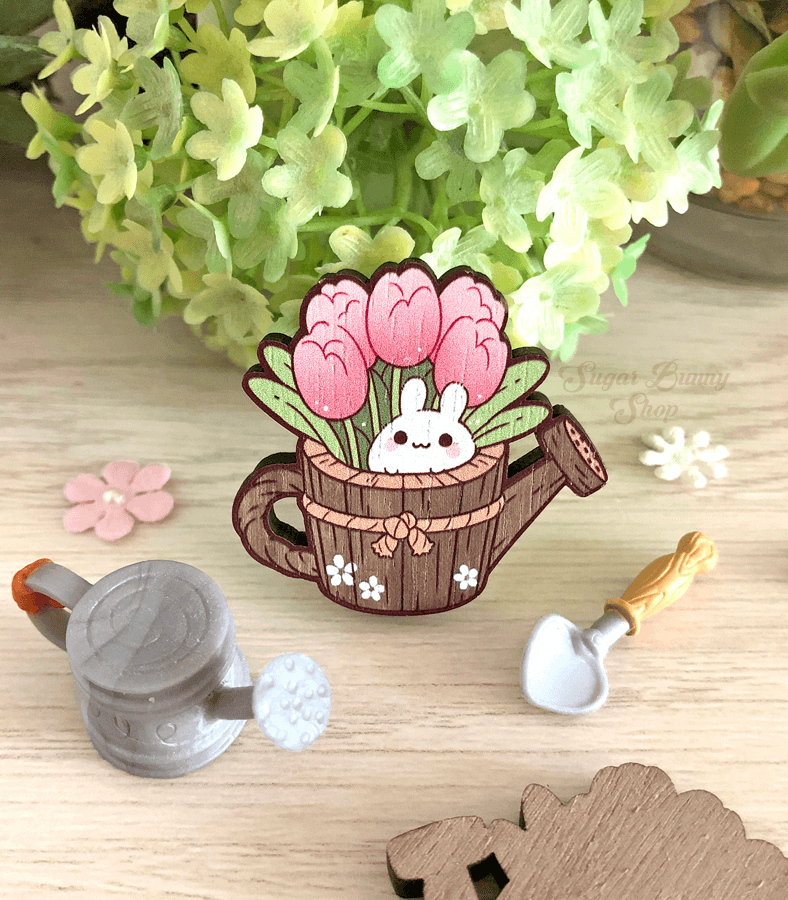 Puddle Bunny Planter Wood Pin