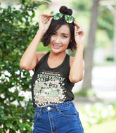 Blobfrogs Frog Froth Bath Soap Tank Top. Woman wearing a dark gray tank top with a frog-themed graphic design outdoors.