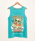 A teal tank top on a wood hanger with a print of a vintage-style logo for Chasing Rays Sun Lotion, the art featuring an energetic, floppy-eared dog wearing a bandana and sunglasses. The flavor text reads, "Sun&