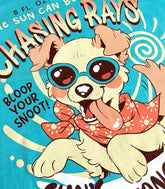 A close-up photo of the print of a teal tank top with a vintage-style logo featuring a floppy-eared dog wearing sunglasses and a bandana, with their tongue hanging out.