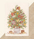 A vintage-style drawing of a small fir tree full of fat singing chickadees wearing holiday-themed bonnets and scarves, decorated with natural ornaments. The text reads "Good tidings of comfort & joy"