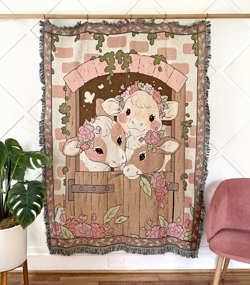 Country Girls Cows Woven Blanket Throw Tapestry