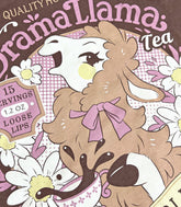 A close up of a brown shirt with a print for a faux vintage-style logo for Drama Llama Tea, the art featuring a gossipy llama spilling the tea.