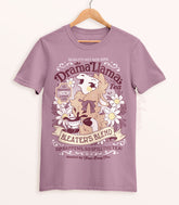 A muted lilac shirt on a wood hanger with a print for a faux vintage-style logo for Drama Llama Tea, the art featuring a gossipy llama spilling the tea.
