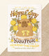 An art print of a vintage-style logo for Happy Cappy Yuzu Fruit, the illustration featuring a blissful-looking capybara sitting in a hot spring pool with yuzu spread around it. The secondary text reads "When in doubt, float it out!" and "Too blessed to be stressed."