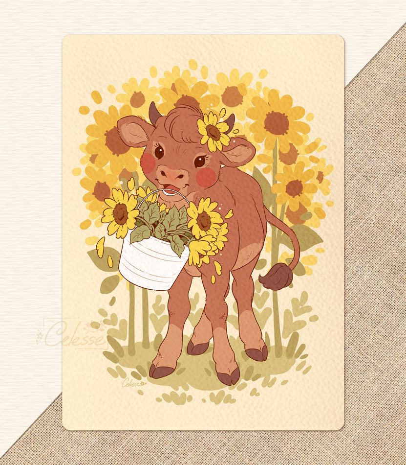 Hello Sunshine Sunflower Cow Textured Print