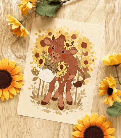 Hello Sunshine Sunflower Cow Textured Print