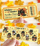 A hand holding a faux event ticket to the Whiskers & Wonders Parade of Paws, the reverse side displaying graphics of each parade cat that can be obtained from the mystery set.
