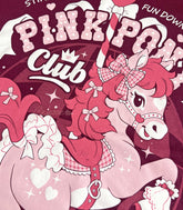 A close-up photo of the print of a maroon shirt with a vintage-style logo featuring a prancing pink pony and the title "Pink Pony Club."