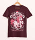 A maroon shirt on a wood hanger with a print of a logo for Pink Pony Club, the art featuring a prancing pink pony in frilly décor. The flavor text reads "Bridle up, it&