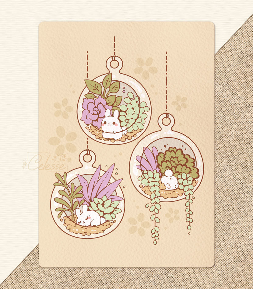 Plant Terrarium Bunnies Textured Print