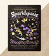 An art print of a retro faux candy logo for Sparklepaws Popping Candy, the art featuring a black cat with star paw pads leaping among bursting sparkles. The flavor text reads, "Dazzlingly delicious!" and "Frolic among the stardust!"