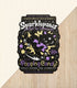 A vinyl sticker with a print of a retro faux candy logo for Sparklepaws Popping Candy, the art featuring a black cat with star paw pads leaping among bursting sparkles. The flavor text reads, "Dazzlingly delicious!" and "Frolic among the stardust!"