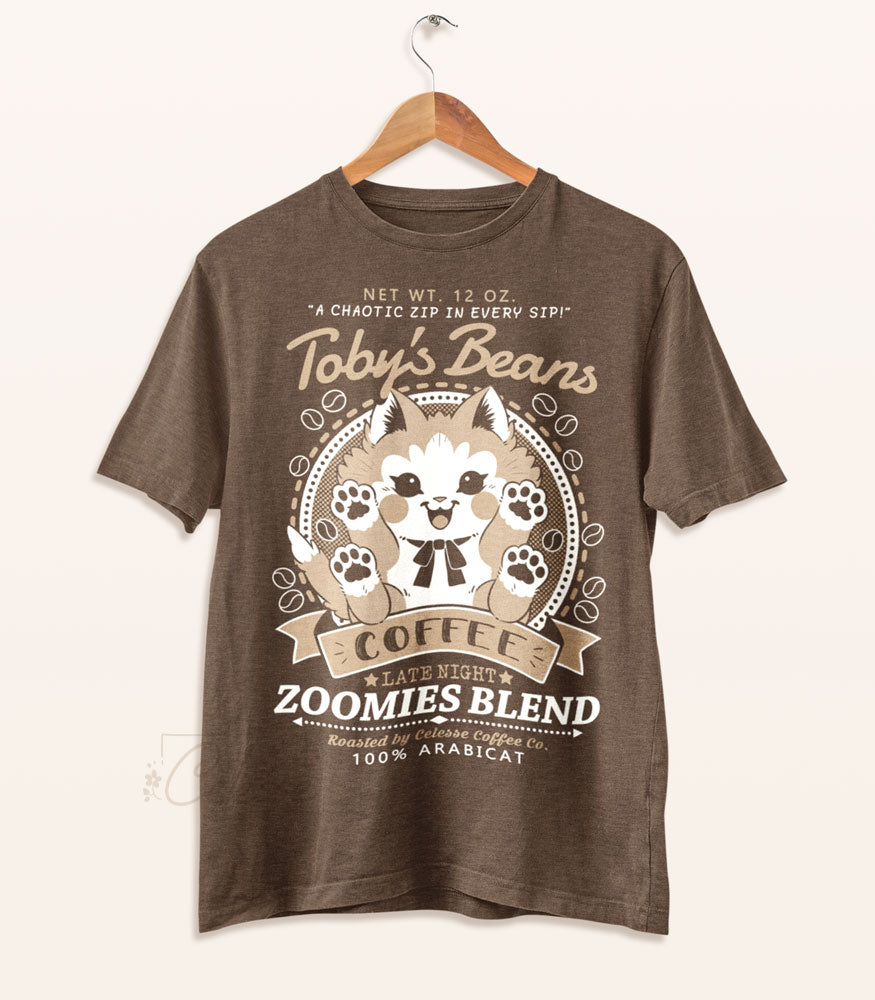 A brown shirt on a wood hanger with a print for Toby&