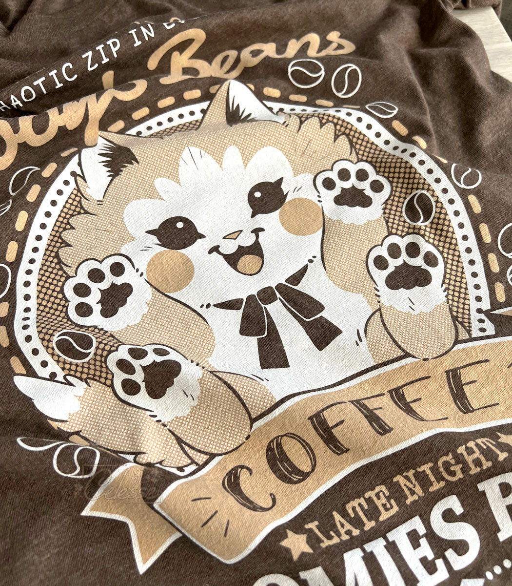 A close up photo of a brown shirt with a print for Toby&