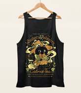 A black tank top on a wood hanger with a print featuring a faux logo for Whiskers & Wonders Catnip Tea with a black witch cat in a witch hat and dress with a broom.