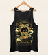A black tank top on a wood hanger with a print featuring a faux logo for Whiskers & Wonders Catnip Tea with a black witch cat in a witch hat and dress with a broom.