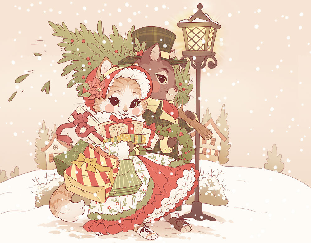 A vintage-style illustration of two cats doing their holiday shopping in a snowy village while wearing old-fashioned winter clothing.