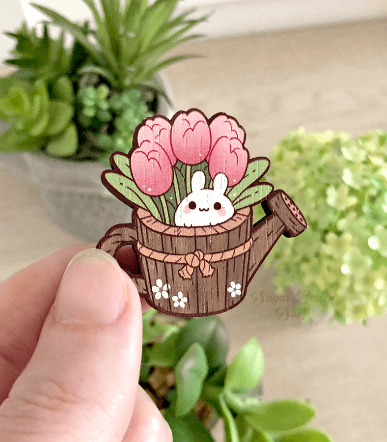 Puddle Bunny Planter Wood Pin