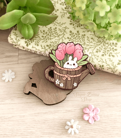Puddle Bunny Planter Wood Pin