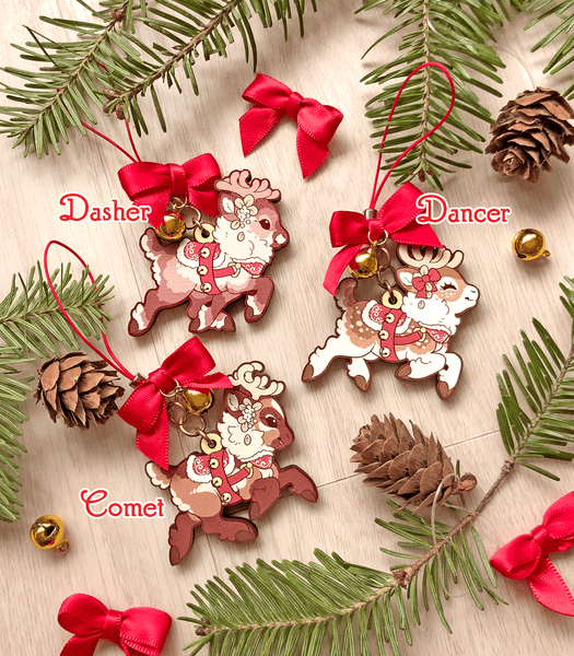 Santa's Reindeer Wood Ornaments - Dasher, Dancer and Comet